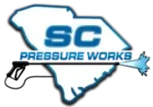 A logo for sc pressure works with a map of south carolina