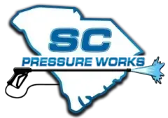 A logo for sc pressure works with a map of south carolina