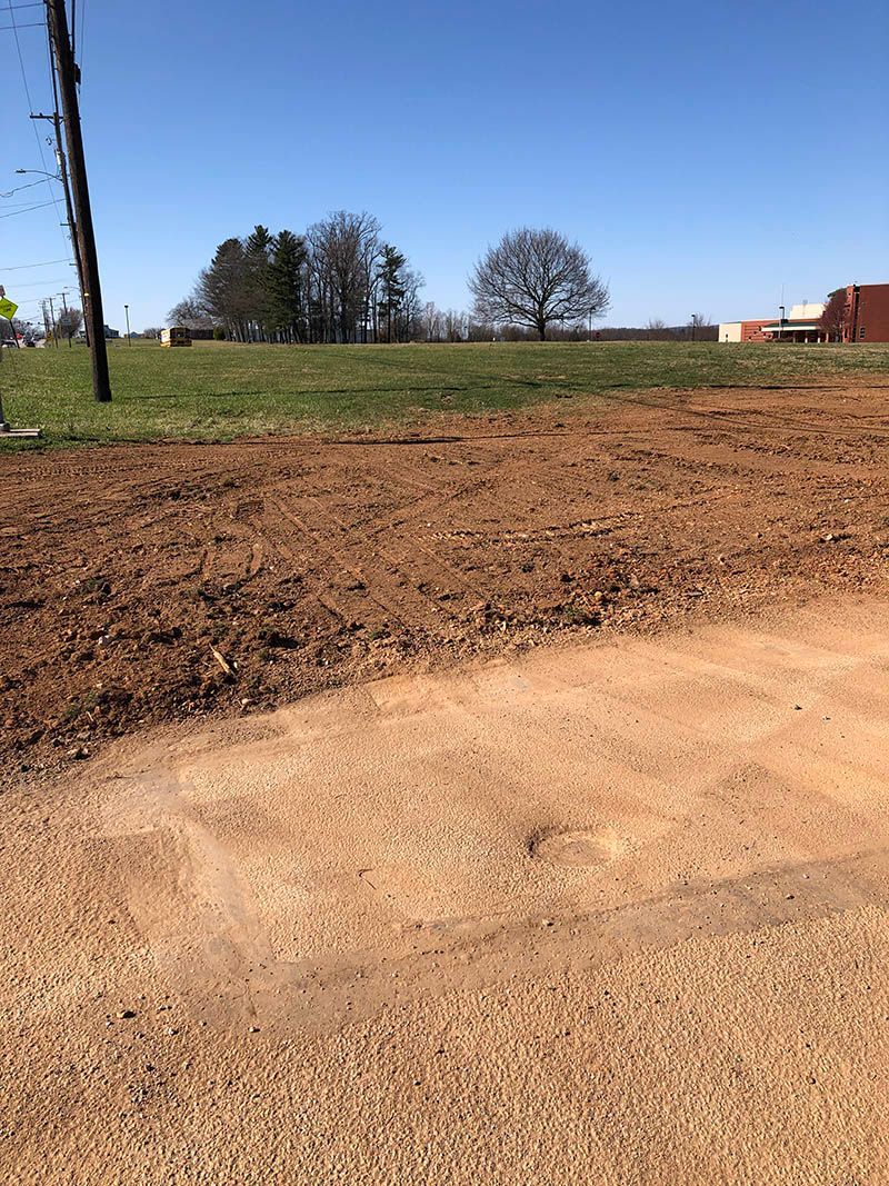 A dirt road going through a field with trees in the background.