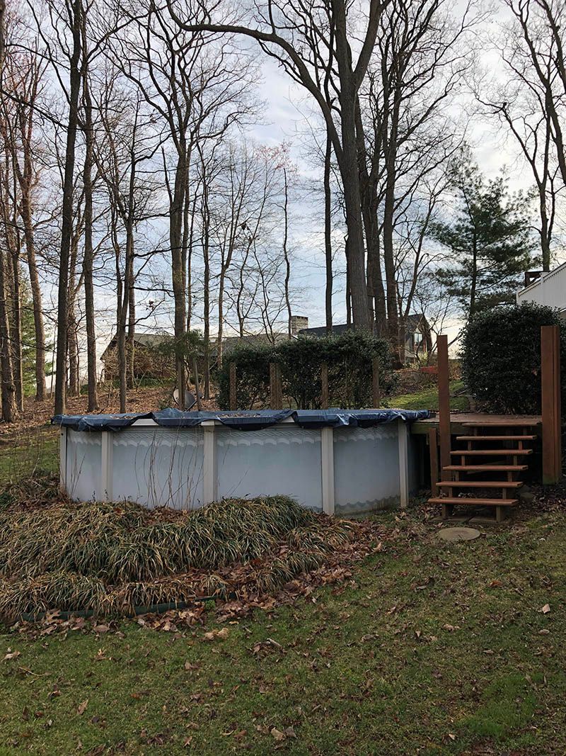 A swimming pool is sitting in the middle of a lush green field surrounded by trees.