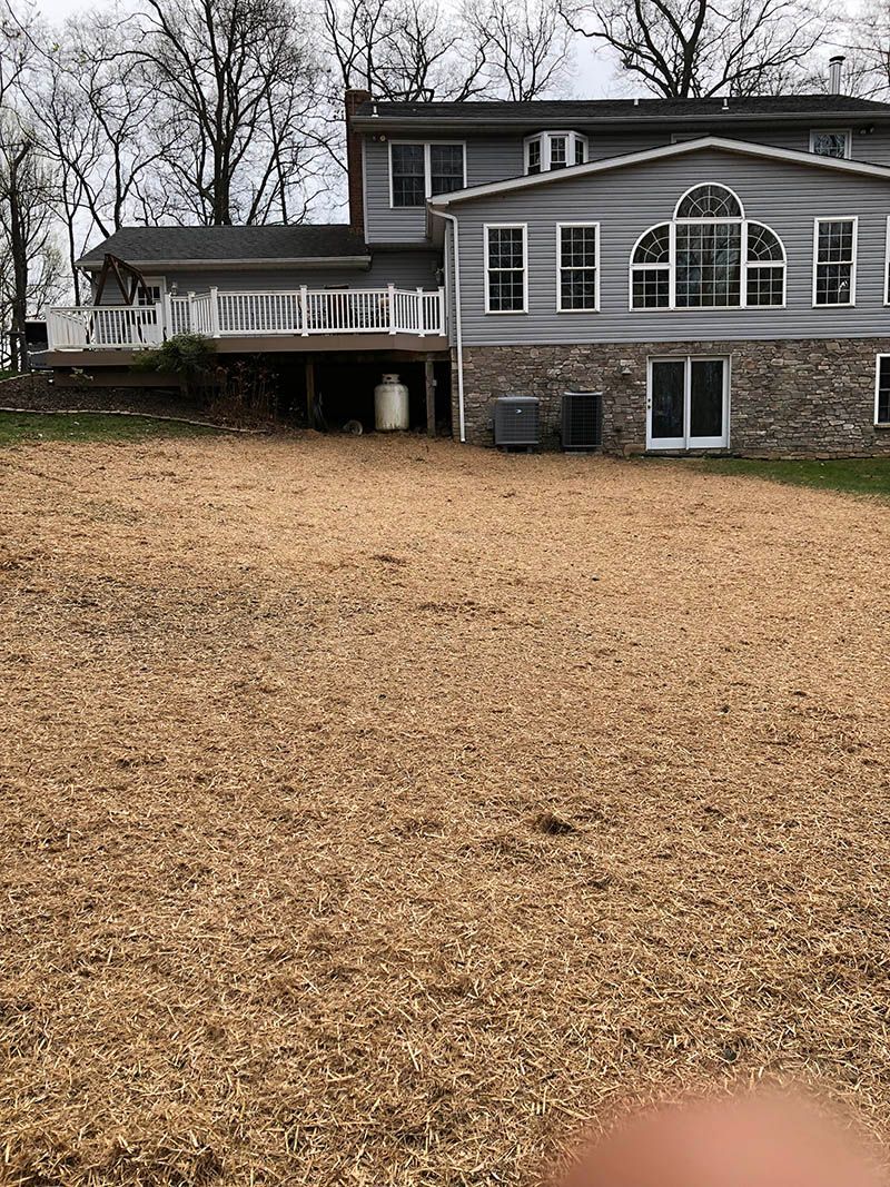 A person is holding a pile of wood chips in front of a house.