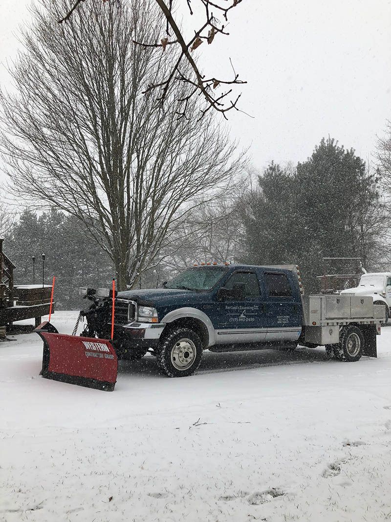 A truck with a snow plow attached to it is parked in the snow.