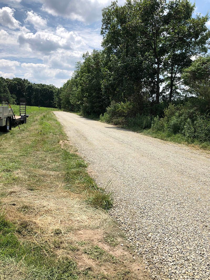 A gravel road going through a grassy field with trees on both sides.
