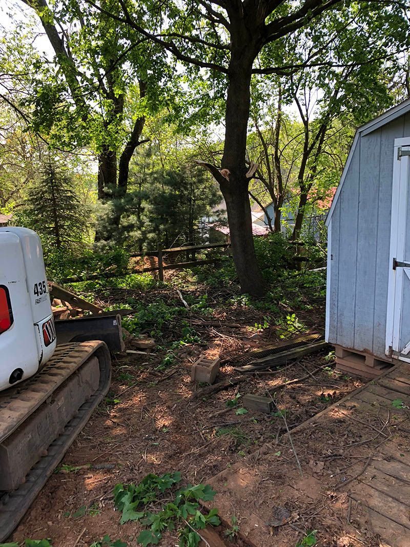 A white van is parked in a yard next to a shed.