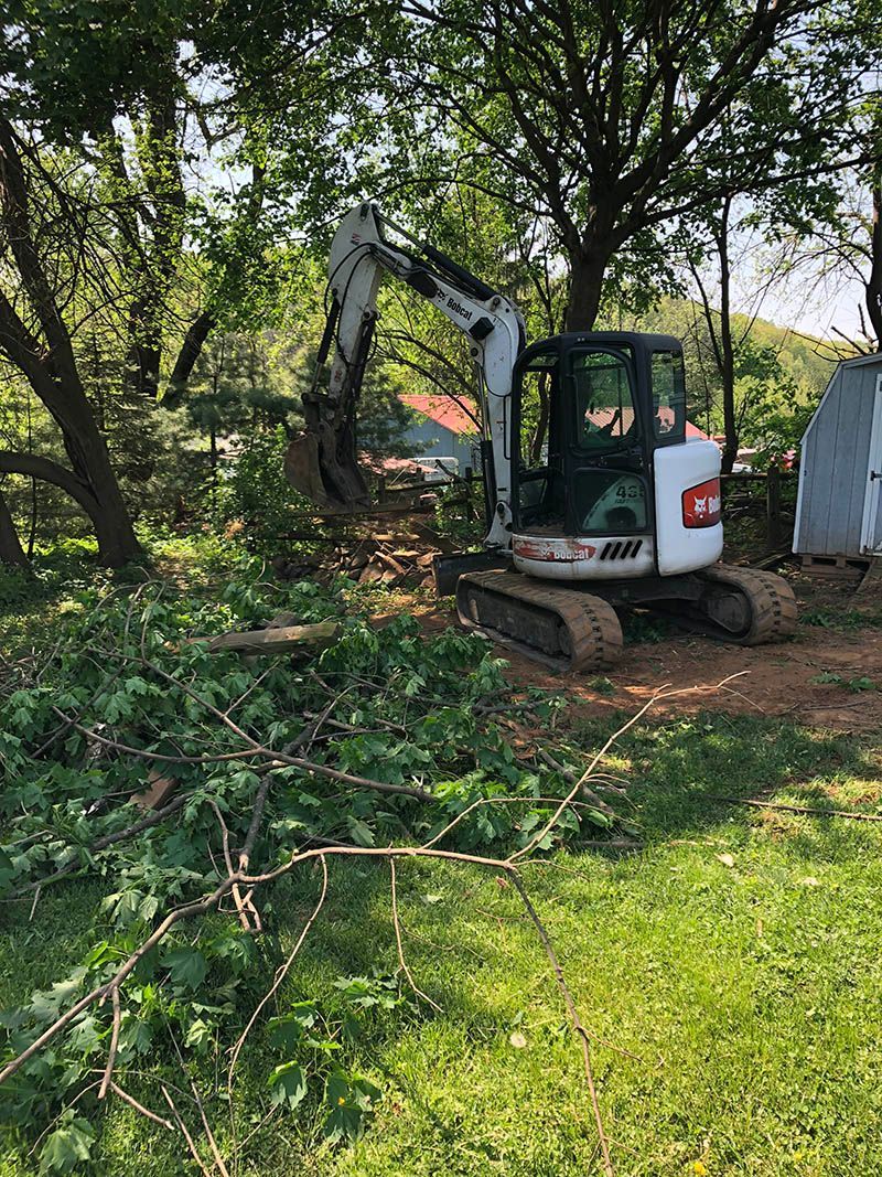 A small excavator is cutting down trees in a yard.
