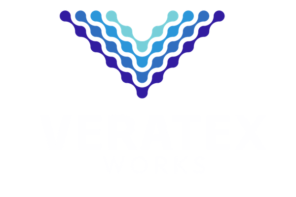 Stylized blue-to-purple V-shaped logo made of wavy vertical lines on a white background