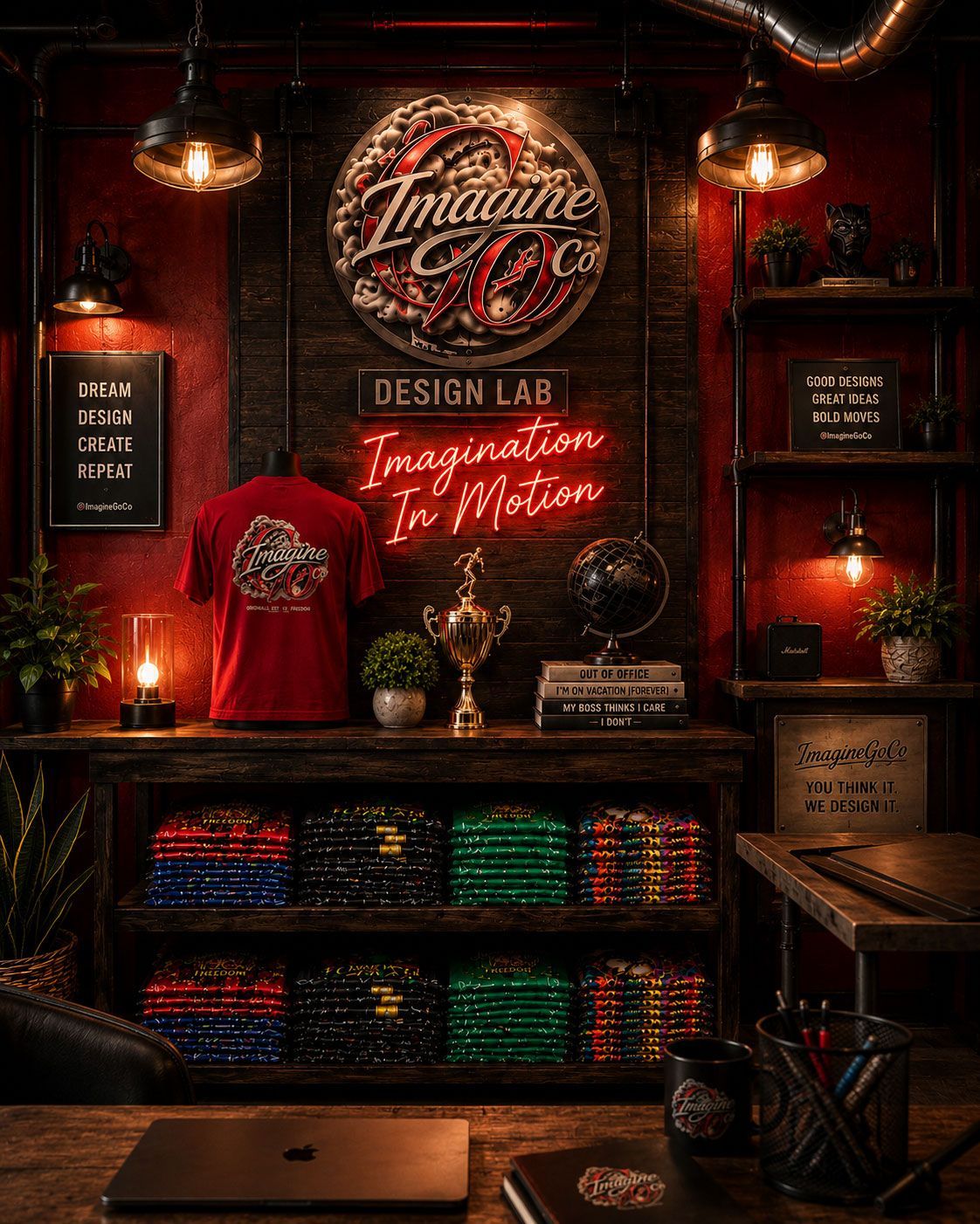Halloween-themed display with glowing red lights, shelves, books, a red hoodie, and a sign reading 