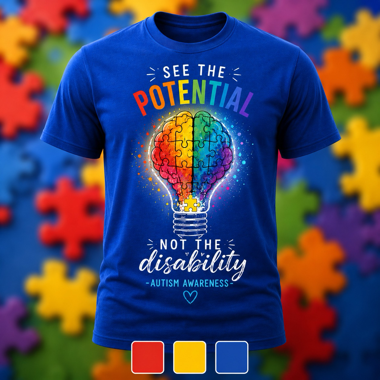 Blue autism awareness T-shirt with colorful lightbulb and text “See the Potential, Not the Disability”