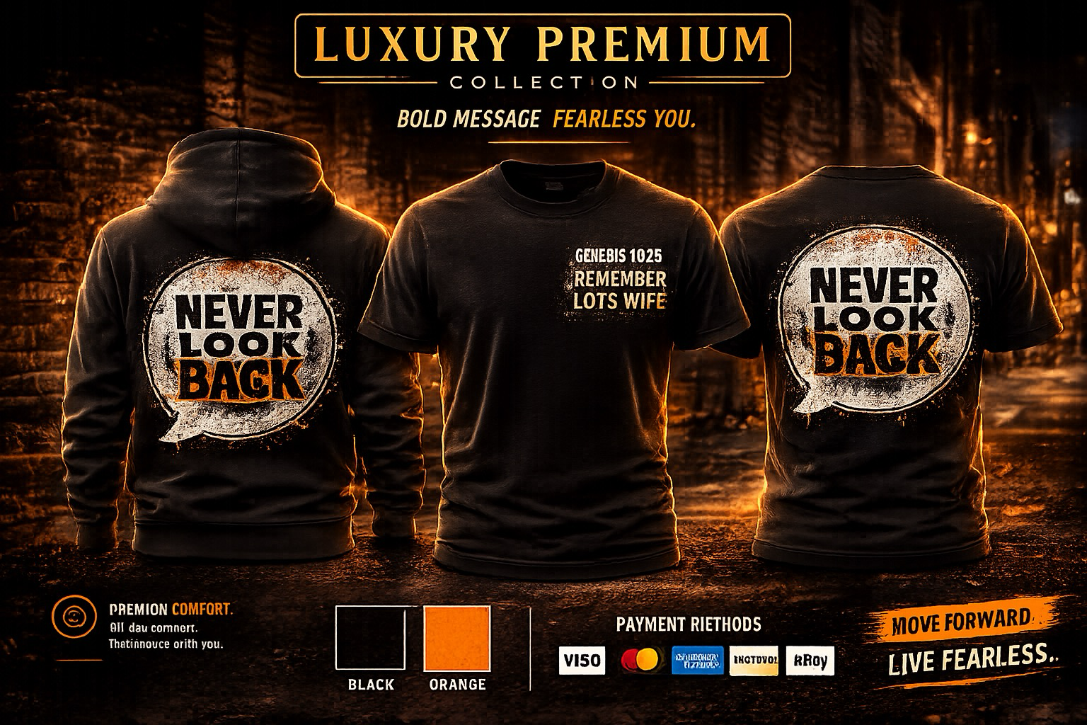Three black luxury T-shirts with gold lettering on a dark, fiery promotional background