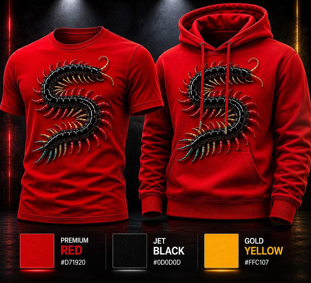 Red sweatshirt and hoodie with black gothic spider design on the chest, shown in red, black, and yellow color options