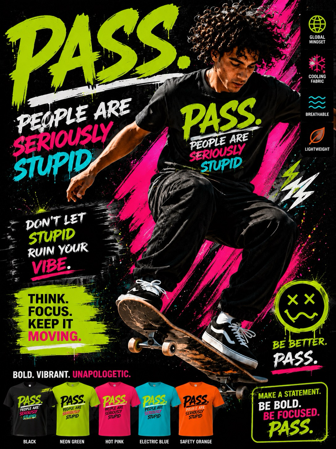 Campaign poster reading “PASS.” with a crouching dancer in black and neon pink text on a black background