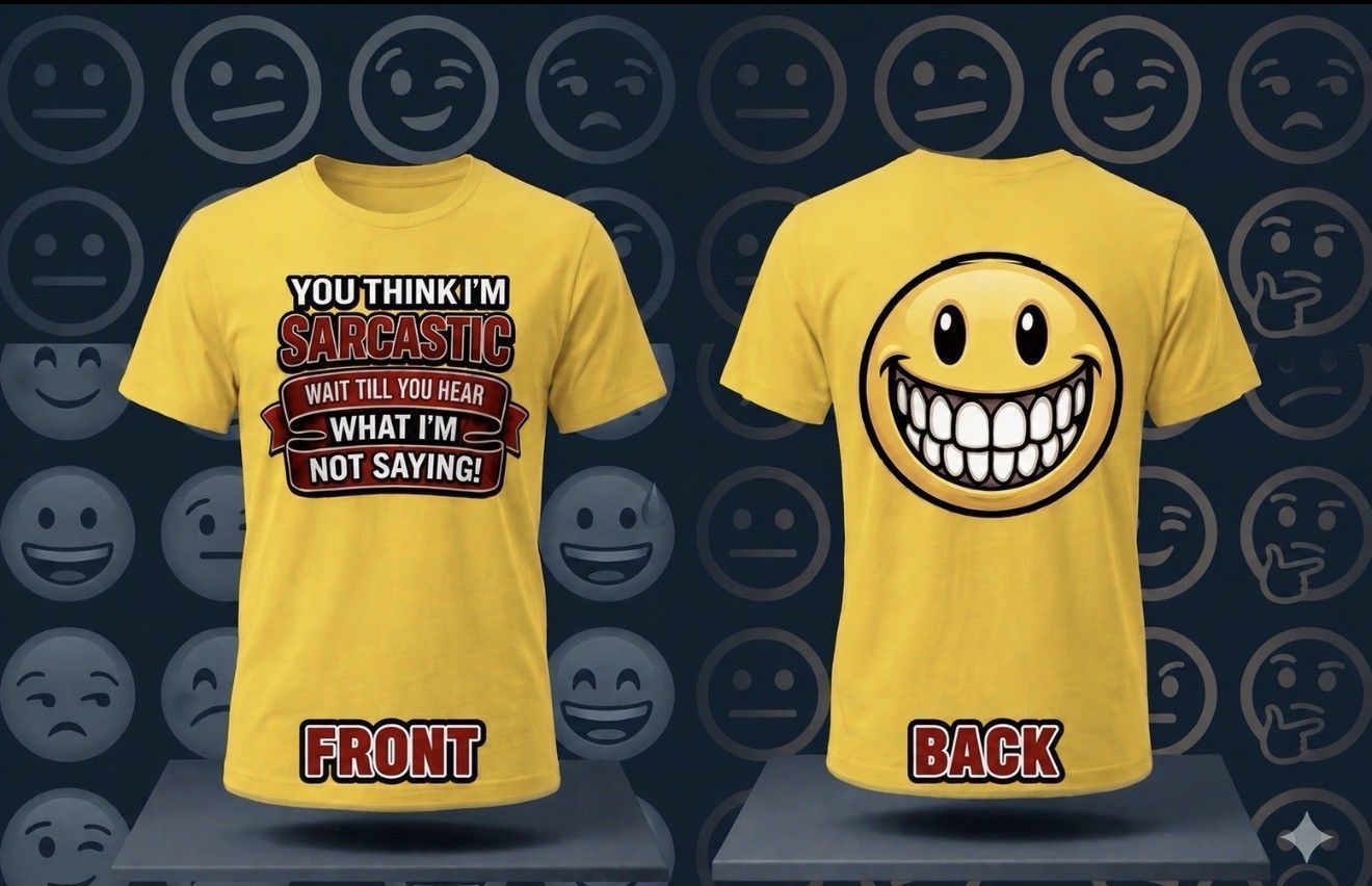 Yellow T-shirt mockup showing front text graphic and back smiling face design on dark background