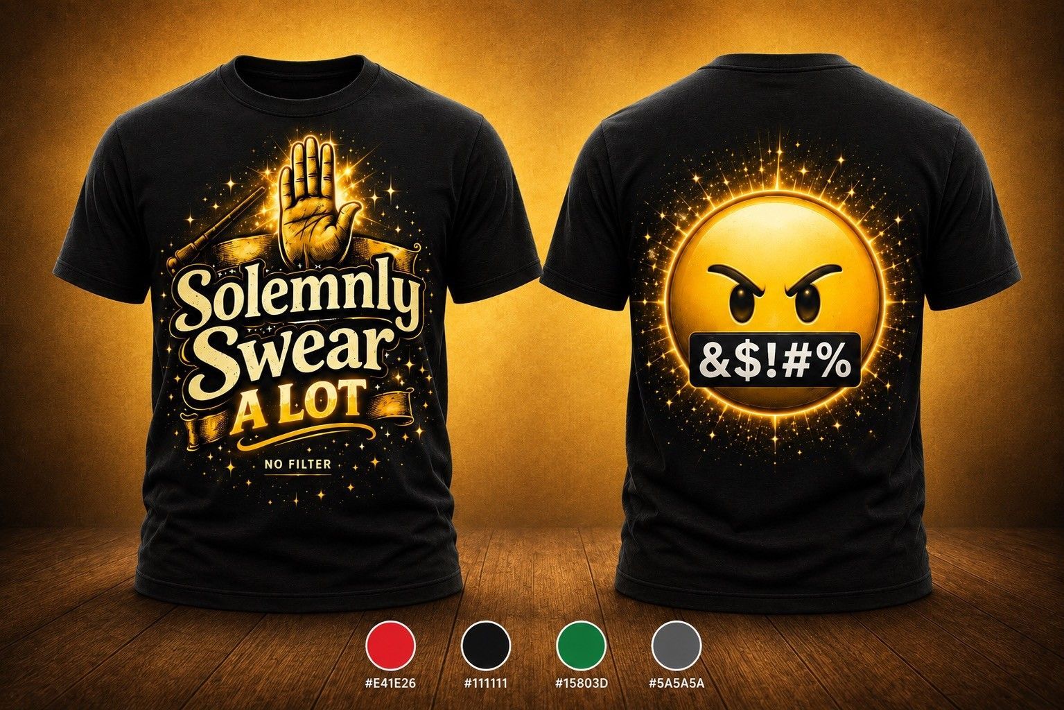 Black T-shirts with a raised hand and a censored swear-face graphic on a gold background
