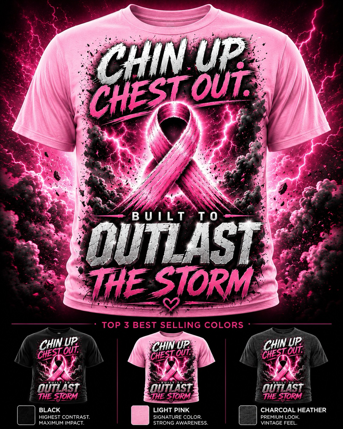 Pink breast cancer awareness T-shirt with ribbon and bold slogan “Chin Up, Chest Out, Built to Outlast the Storm”
