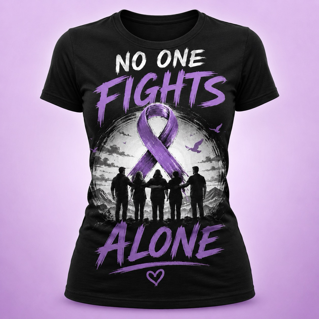 Black T-shirt with purple awareness ribbon and text “No One Fights Alone” over silhouetted figures.
