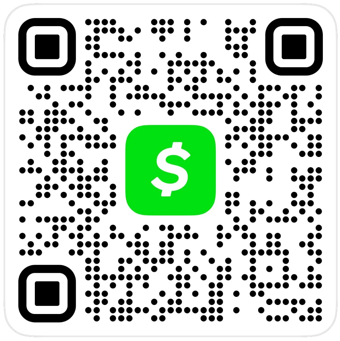 Square QR code with a green Cash App dollar icon in the center