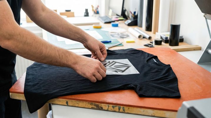 Hands placing a graphic onto a black T-shirt on a worktable in a print shop Hands placing a graphic onto a black T-shirt on a worktable in a print shop