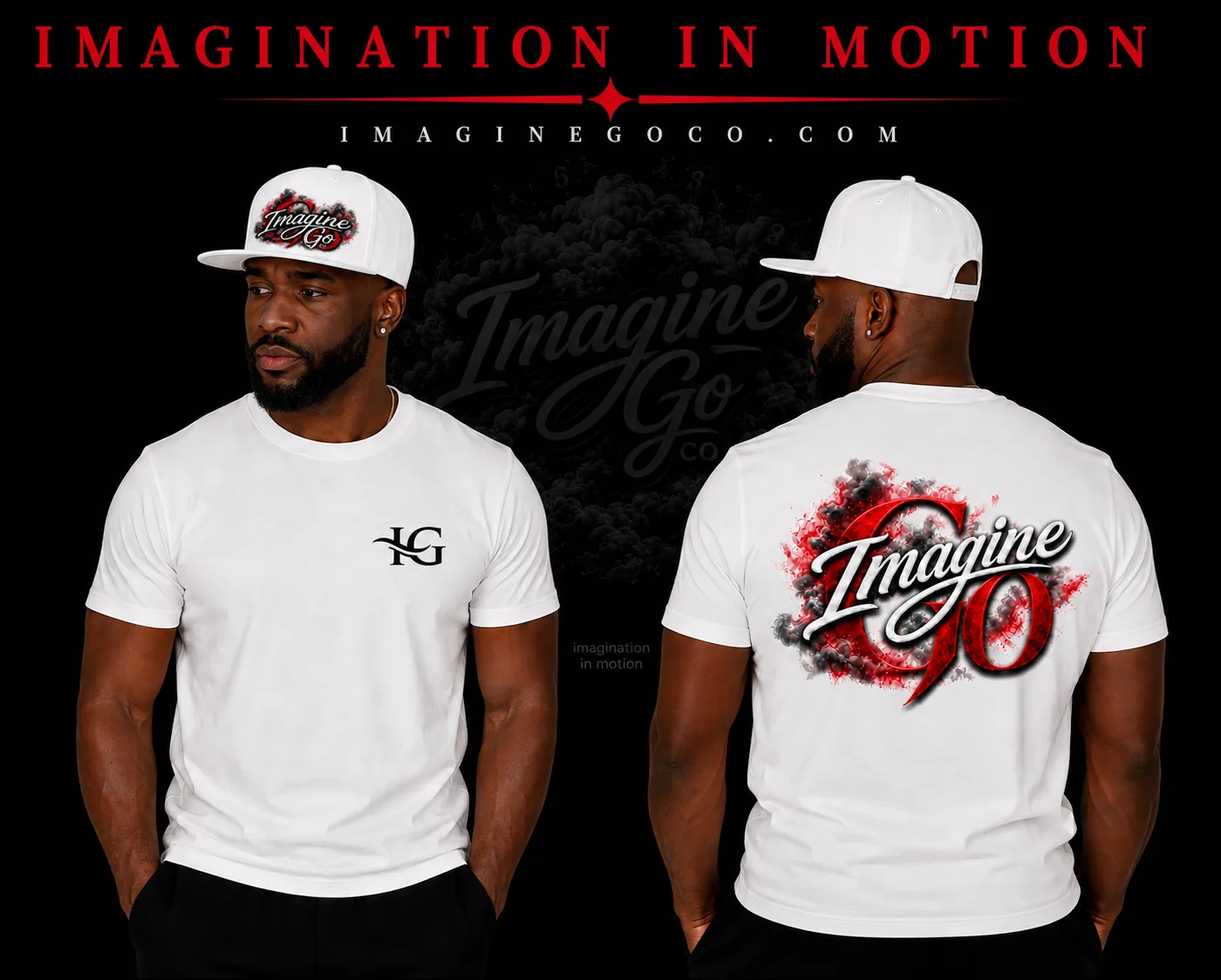 Black and white T-shirt mockups showing front and back logo designs with red “Imagination Go” branding Black and white T-shirt mockups showing front and back logo designs with red “Imagination Go” branding