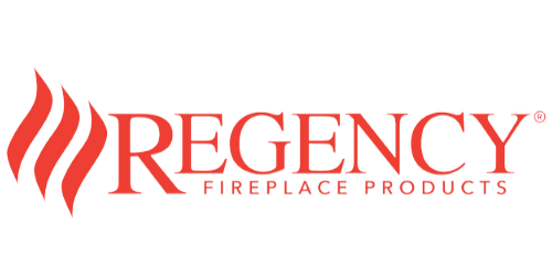 Full Time Heating & Cooling | The logo for regency fireplace products is red and white with a flame.