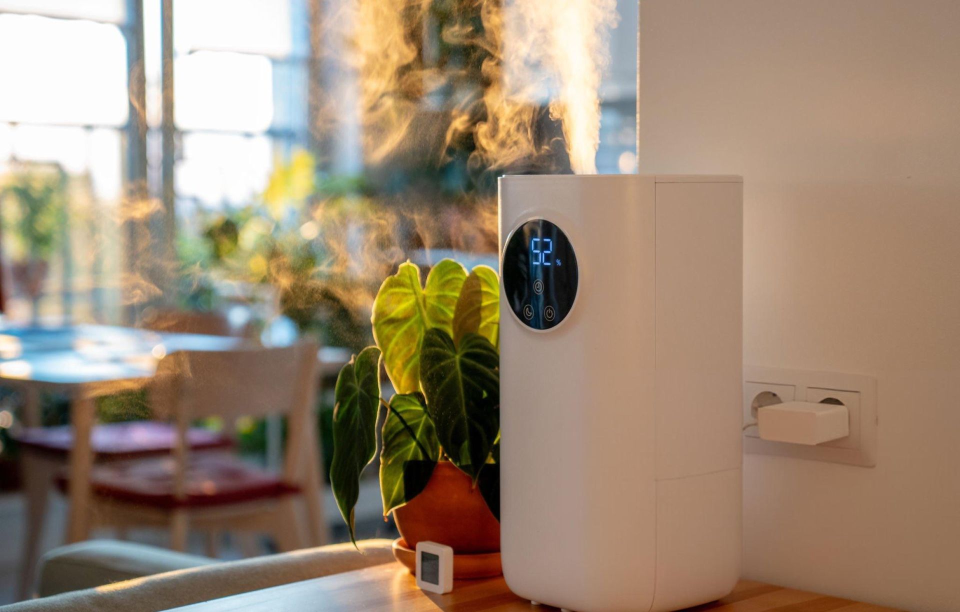 Full Time Heating & Cooling | A white humidifier is sitting on a wooden table next to a potted plant.