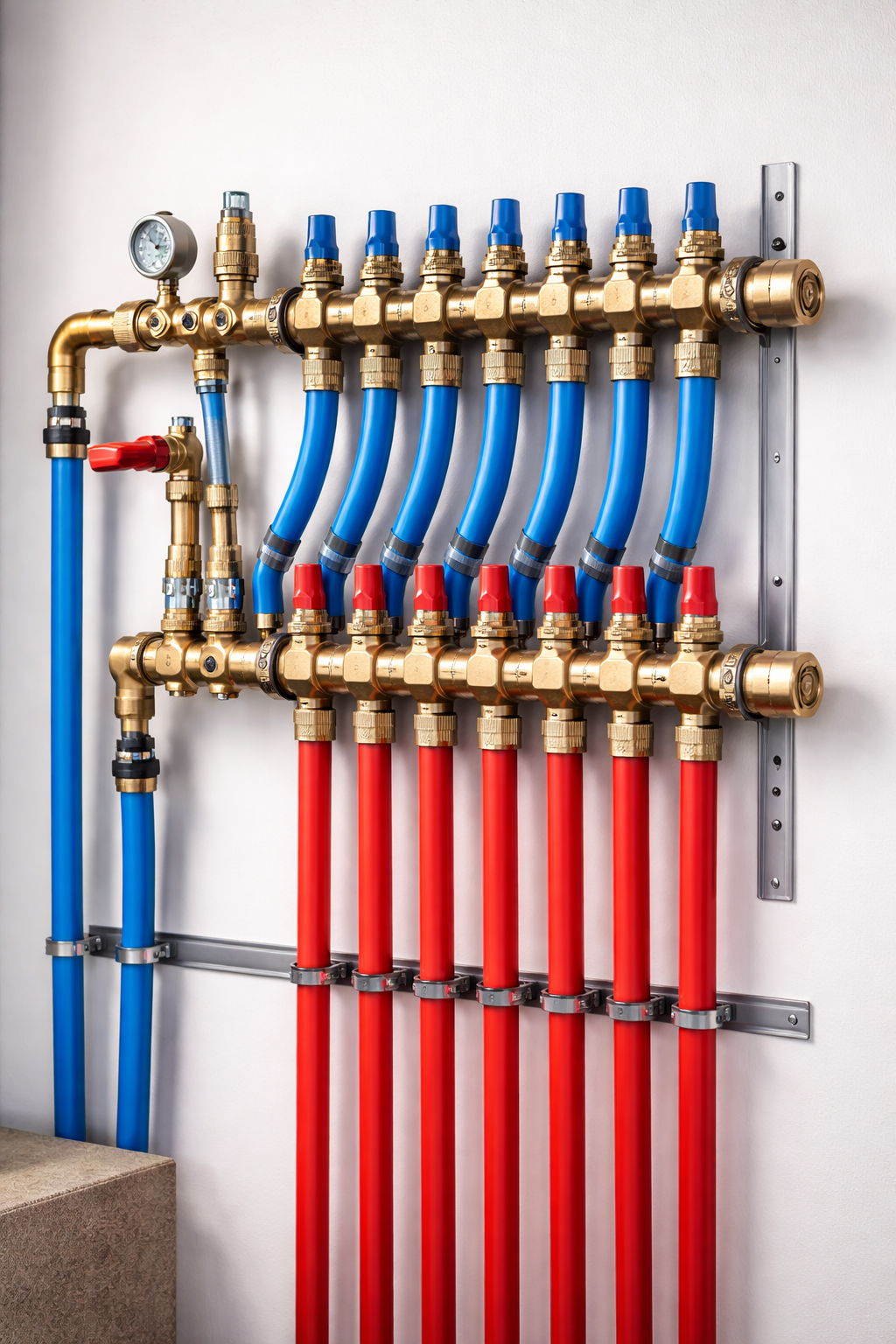 Plumbing manifold system: Red and blue PEX tubes connected to brass fittings, mounted on a wall.