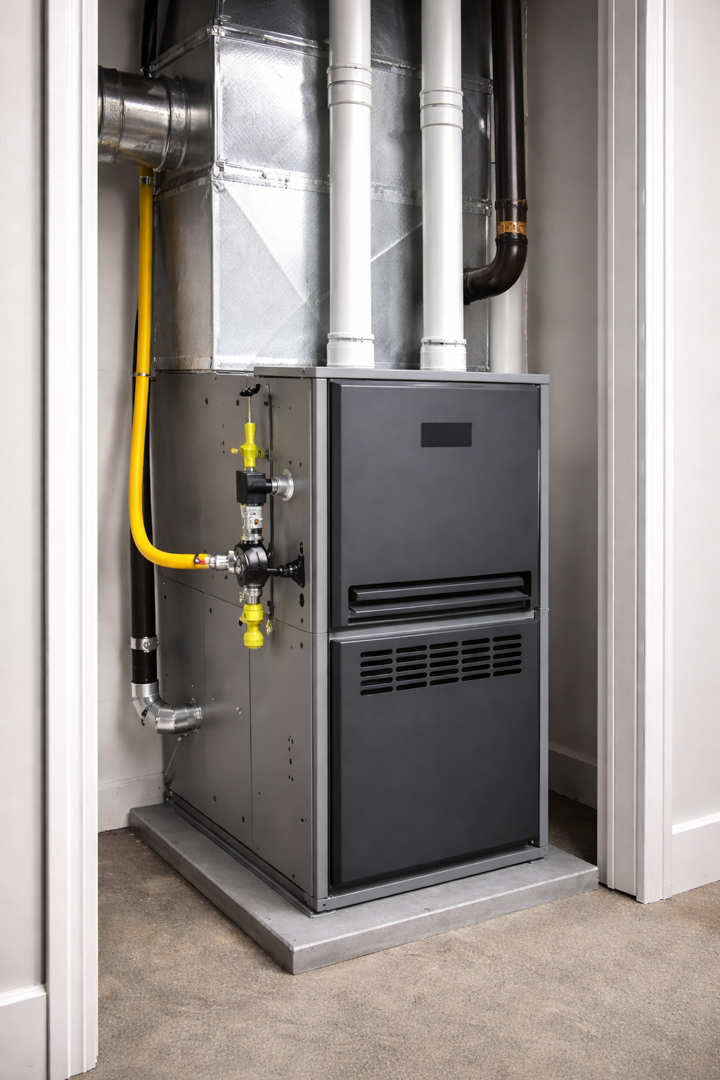 Furnace unit in a utility closet with a yellow gas line, metal ducts, and a gray frame.