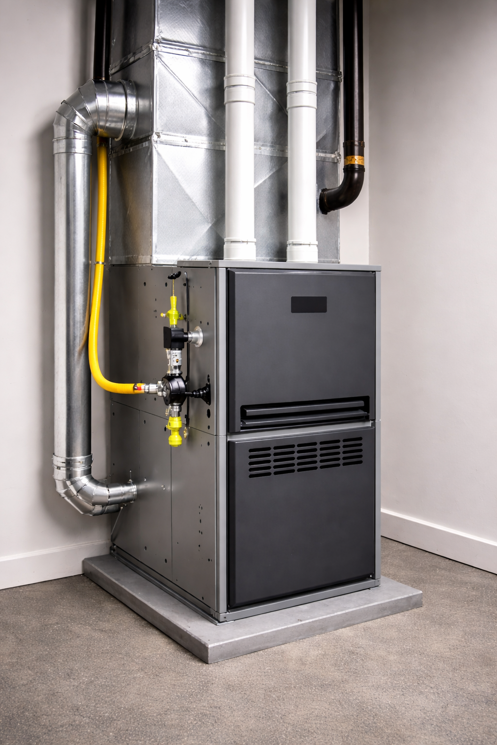 Furnace unit in a basement, with metal ductwork and gas line, against a white wall and carpeted floor.