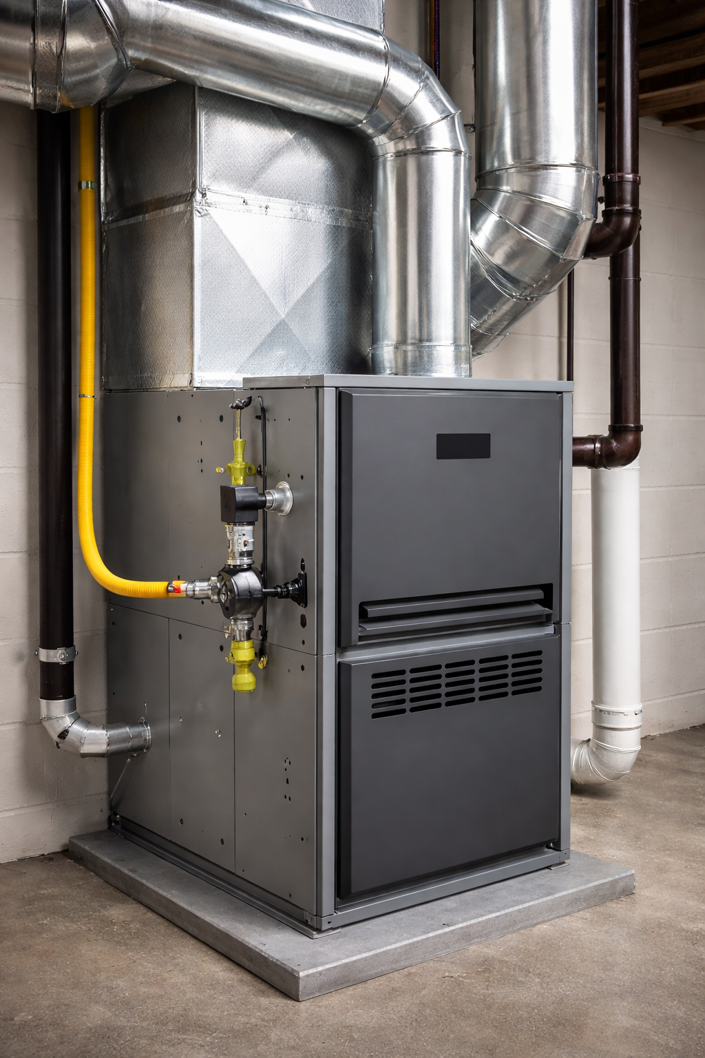 Gas furnace in a basement with metal ductwork and a yellow gas line.