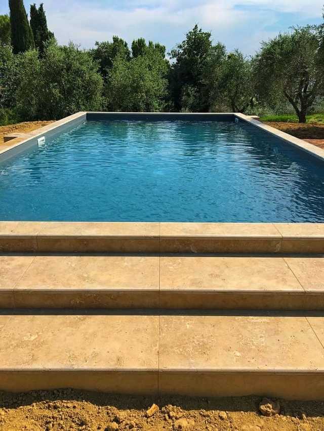 Una grande piscina con scale per accedervi, circondata da alberi.