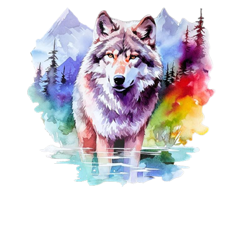Watercolor wolf in a colorful forest setting, with mountains and vibrant hues of blue, purple, and red.