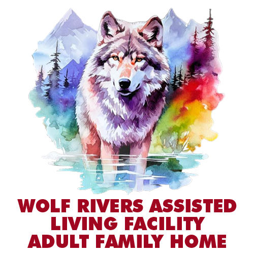 Watercolor wolf in a colorful mountain setting. Text: Wolf Rivers Assisted Living Facility Adult Family Home.
