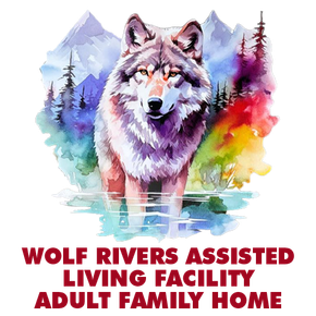 Watercolor wolf in a colorful mountain setting. Text: Wolf Rivers Assisted Living Facility Adult Family Home.