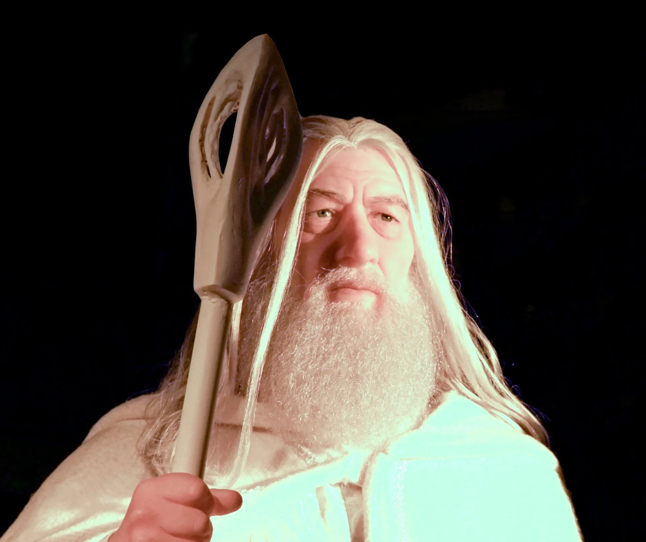 A man with long white hair and a beard is holding a wand.