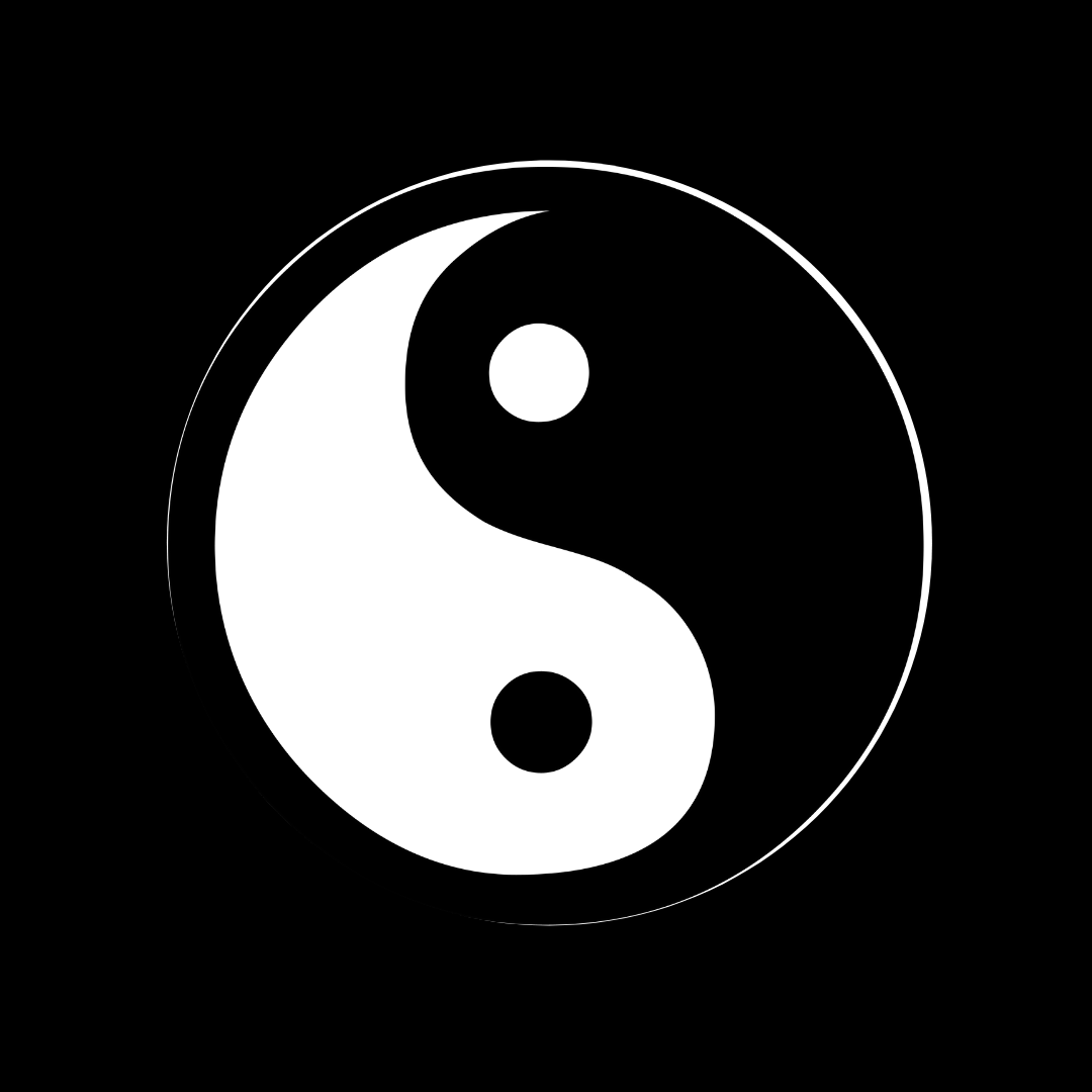 Un symbole yin yang noir et blanc dans un cercle sur fond noir.