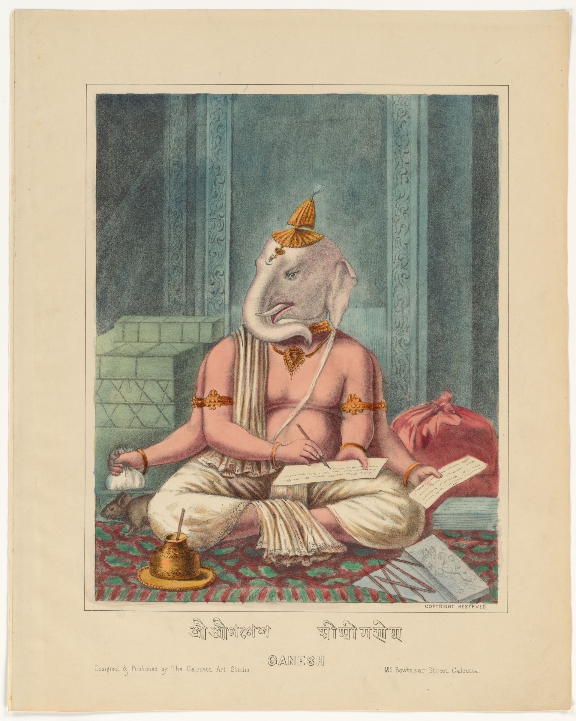 ancient painting of the Hindu elephant God Ganesha, sitting in lotus and writing