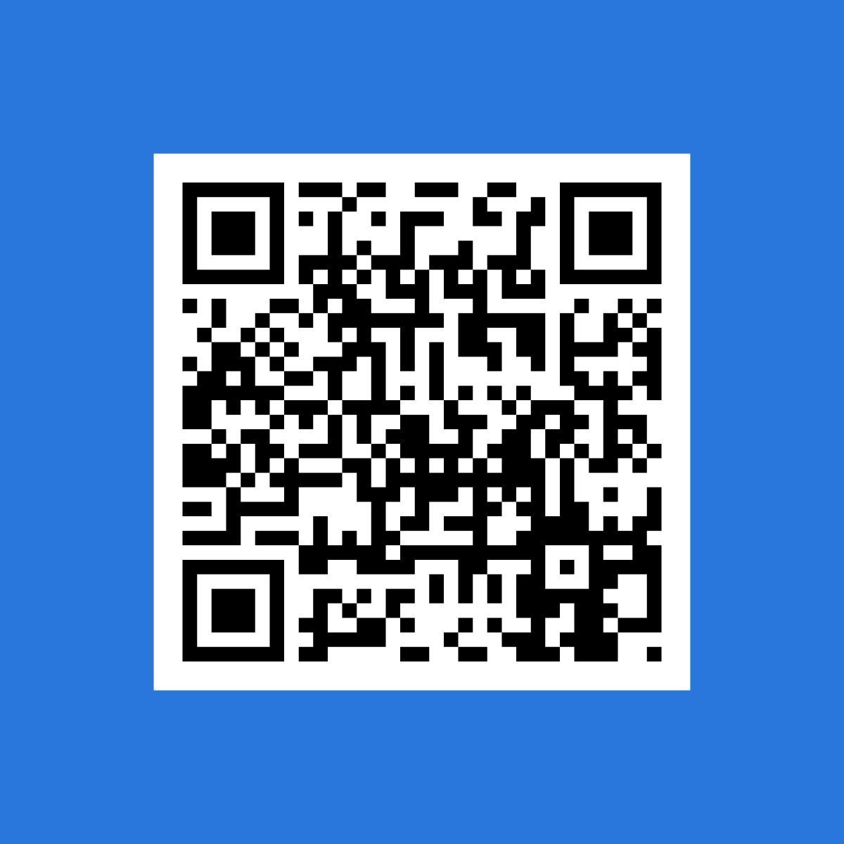 A black and white qr code on a blue background