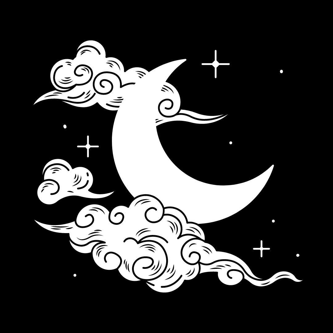 Un dessin en noir et blanc d'un croissant de lune entouré de nuages ​​et d'étoiles.