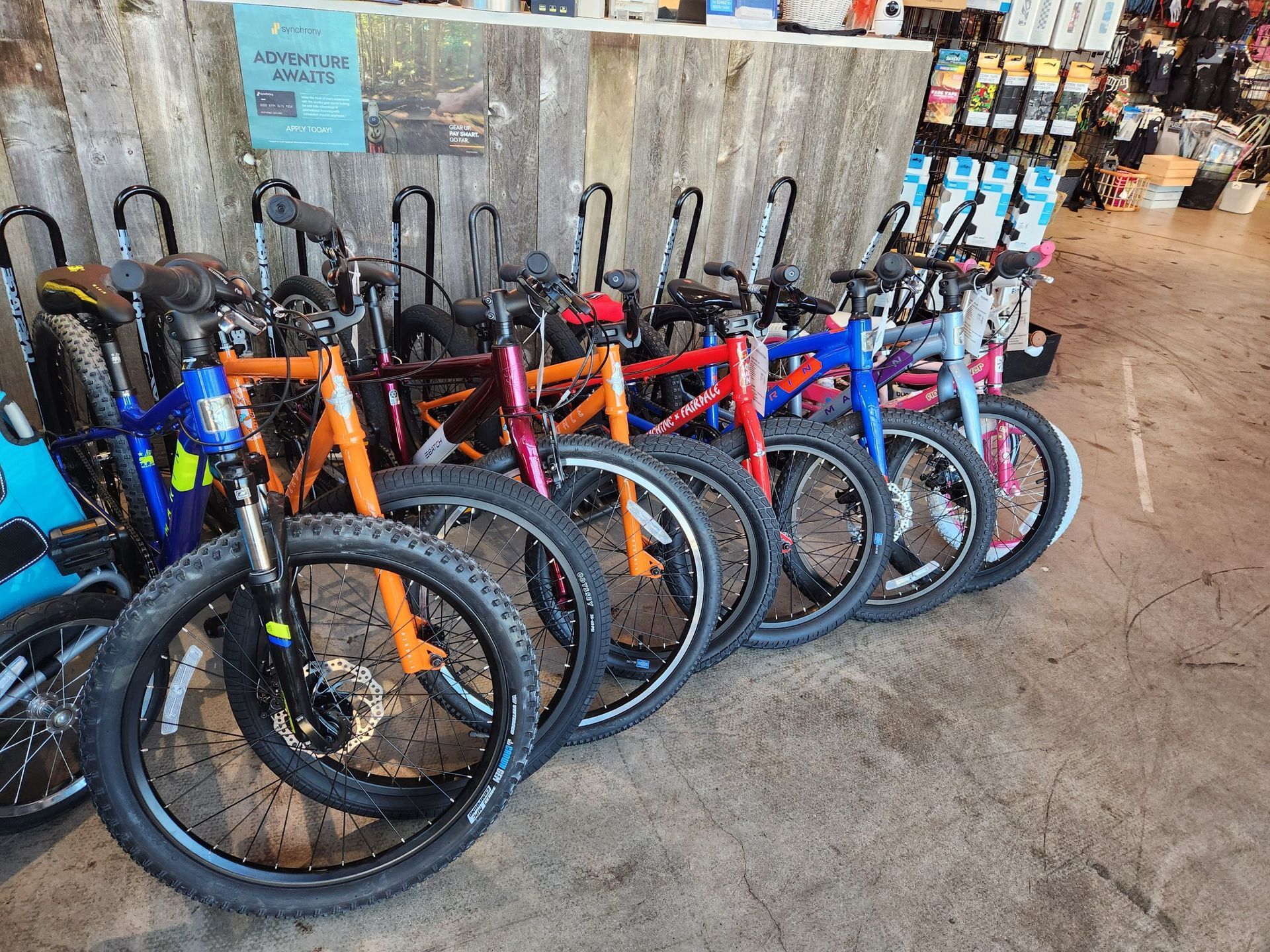 A row of bicycles are lined up in a store.