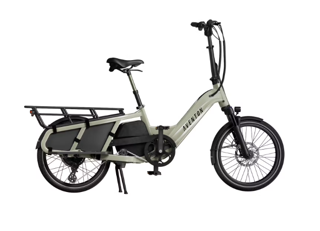 An electric bike with a cargo rack on the back is shown on a white background.
