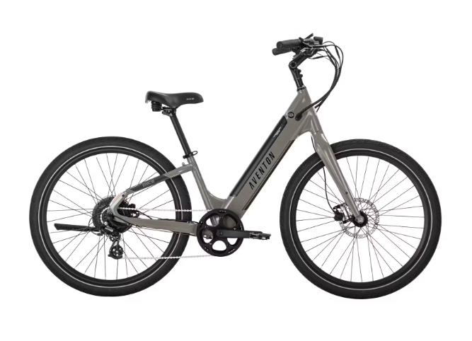 A gray and black electric bike on a white background.