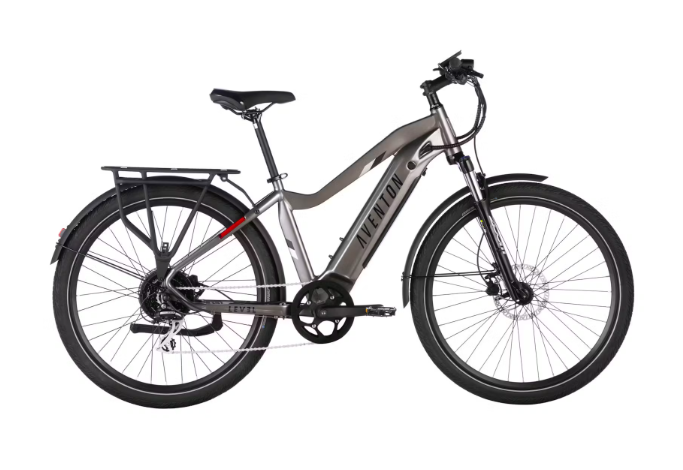 A gray electric bike with a rear rack on a white background.
