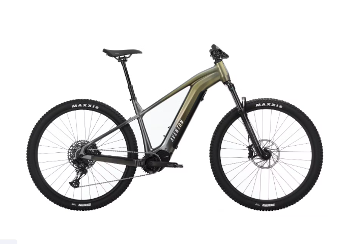 A green and black electric mountain bike on a white background.