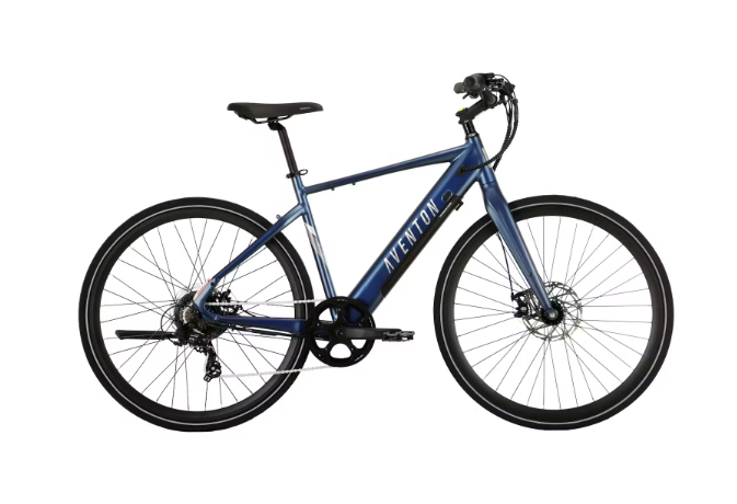 A blue and black electric bike on a white background.