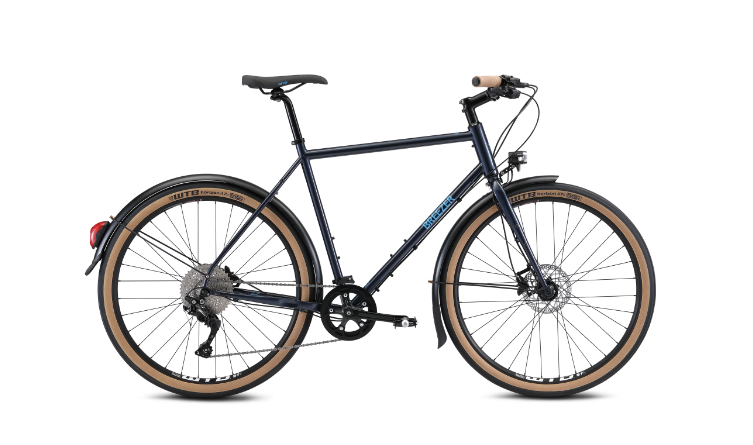 A blue bicycle with brown wheels and fenders on a white background.