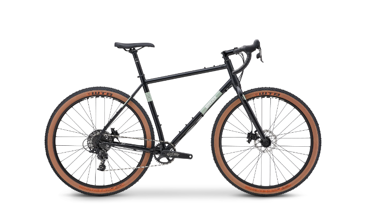 A black bicycle with brown wheels on a white background.