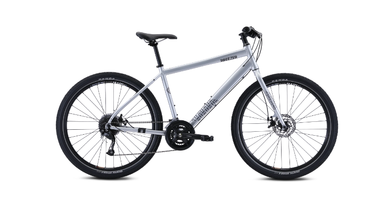A silver bicycle with black wheels on a white background.