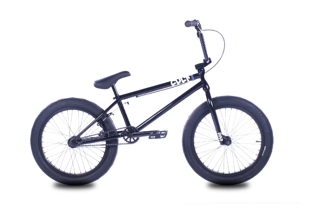 A black bmx bike is on a white background.