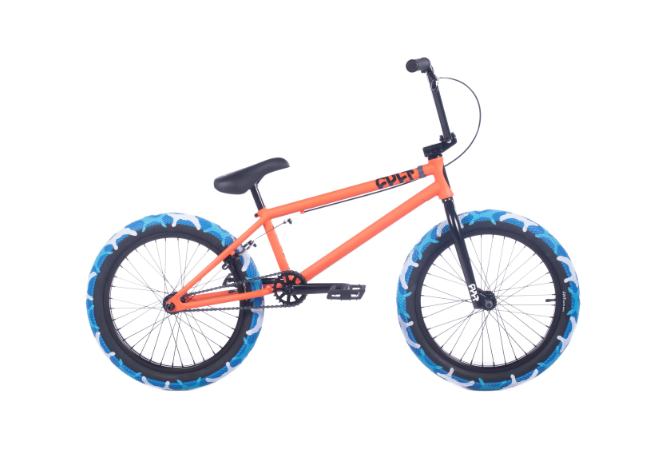 An orange bmx bike with blue tires on a white background.