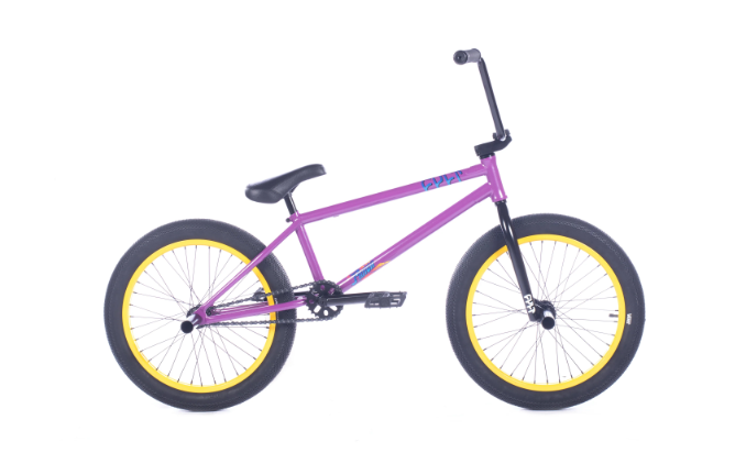 A purple bmx bike with yellow wheels on a white background.