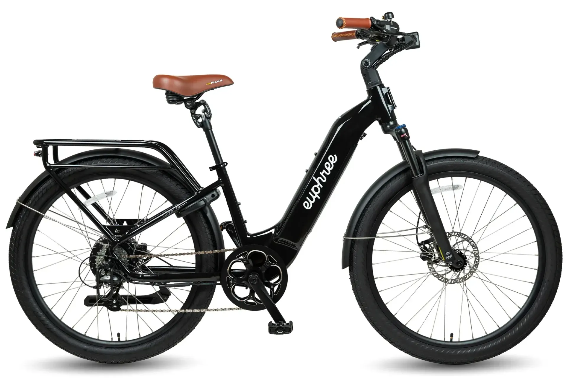 A black electric bike with a brown seat on a white background.